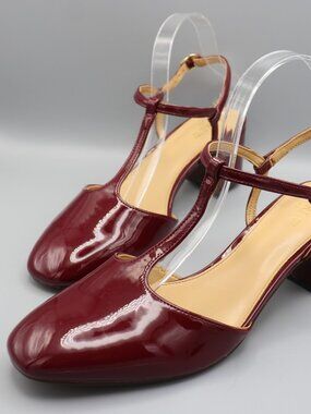 J.Crew Factory T-Strap Heels 10 Burgundy Mary Jane Block Heel CD246 Patent Look